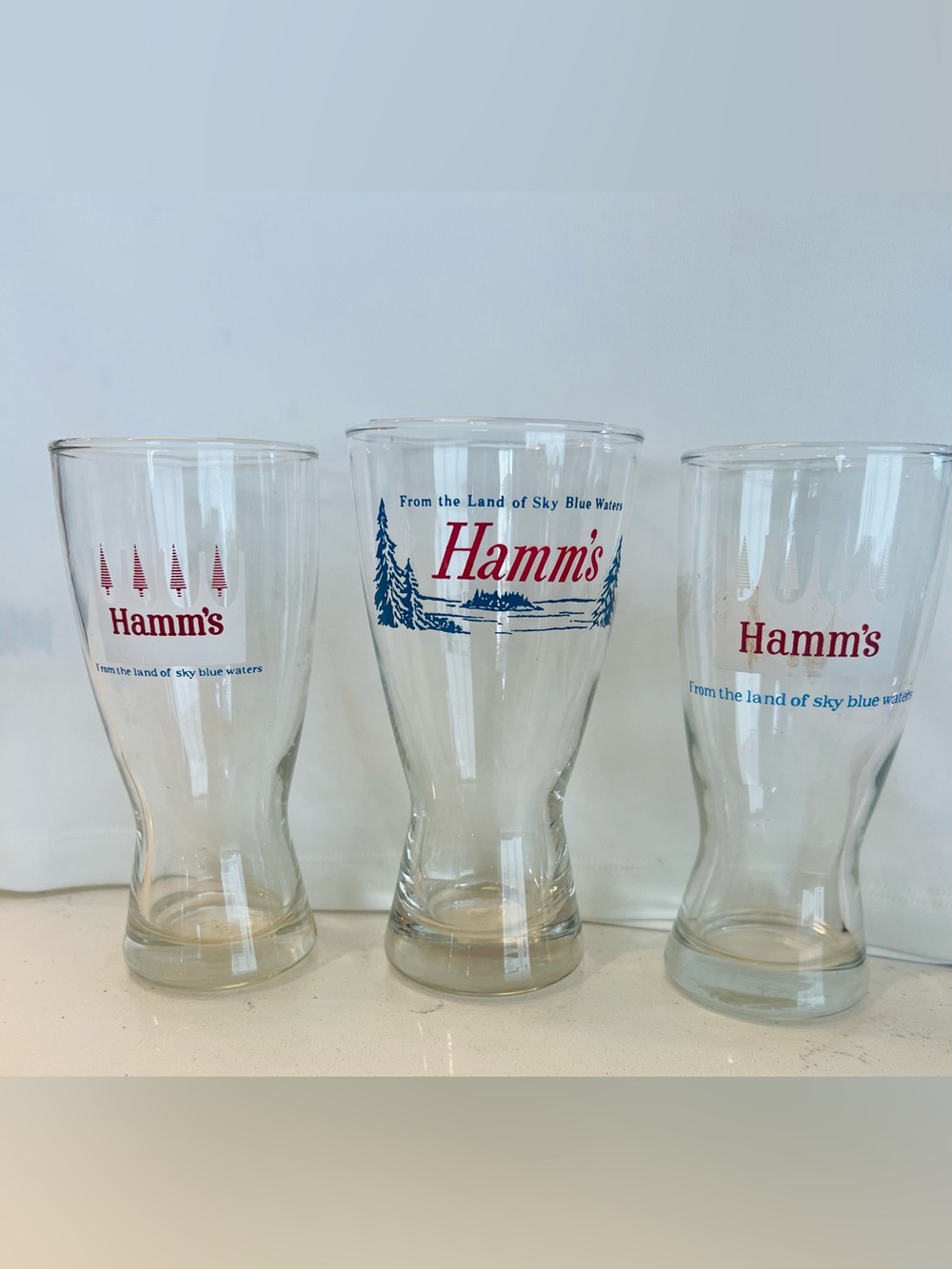 Vintage Hamm’s Beer Pilsner Glasses Set of 3 Land of Sky Blue Waters Pine Tree